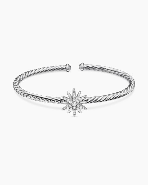 Womens Starburst Center Station Bracelet in Sterling Silver with Diamonds, 3mm