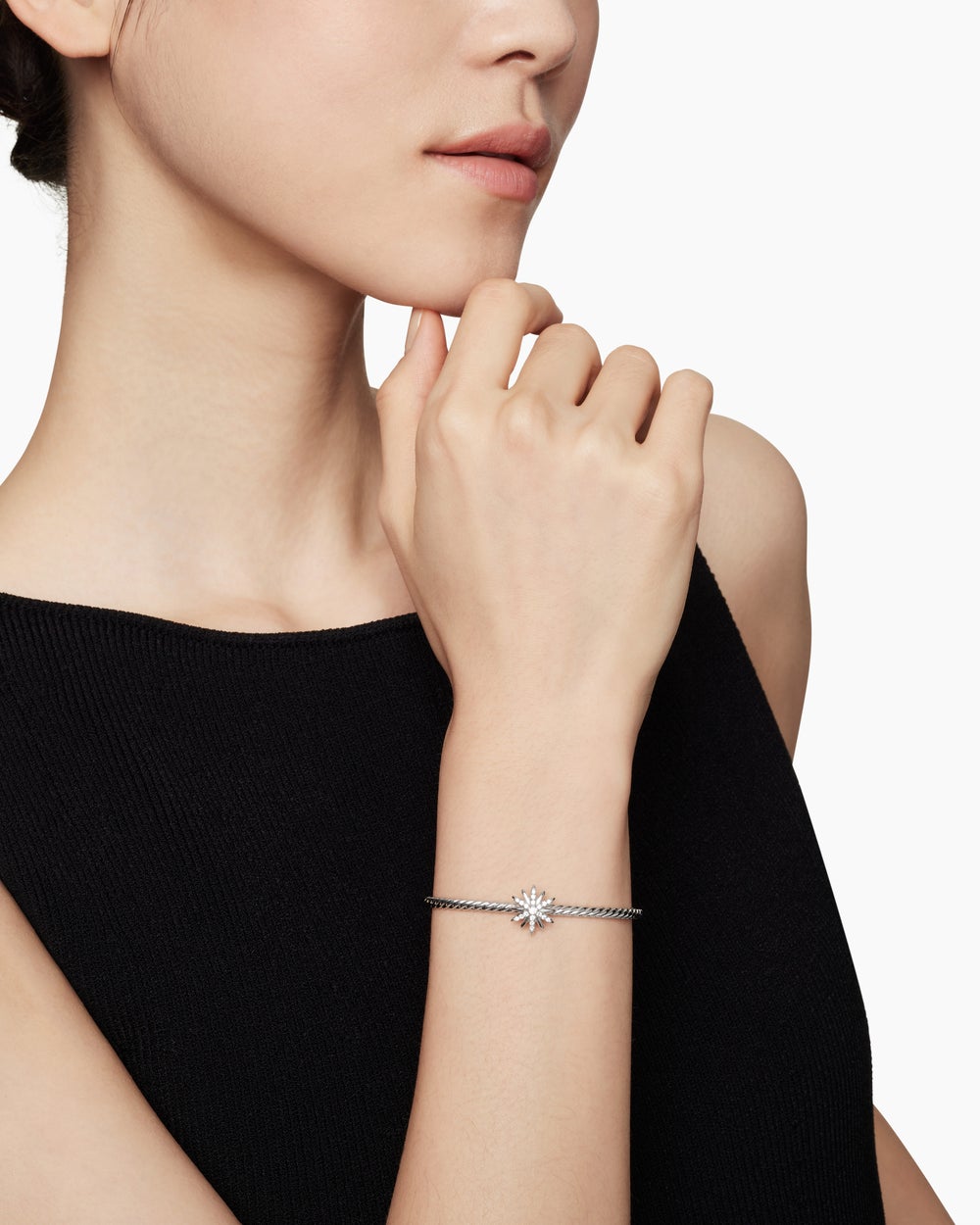 Womens Starburst Center Station Bracelet in Sterling Silver with Diamonds, 3mm