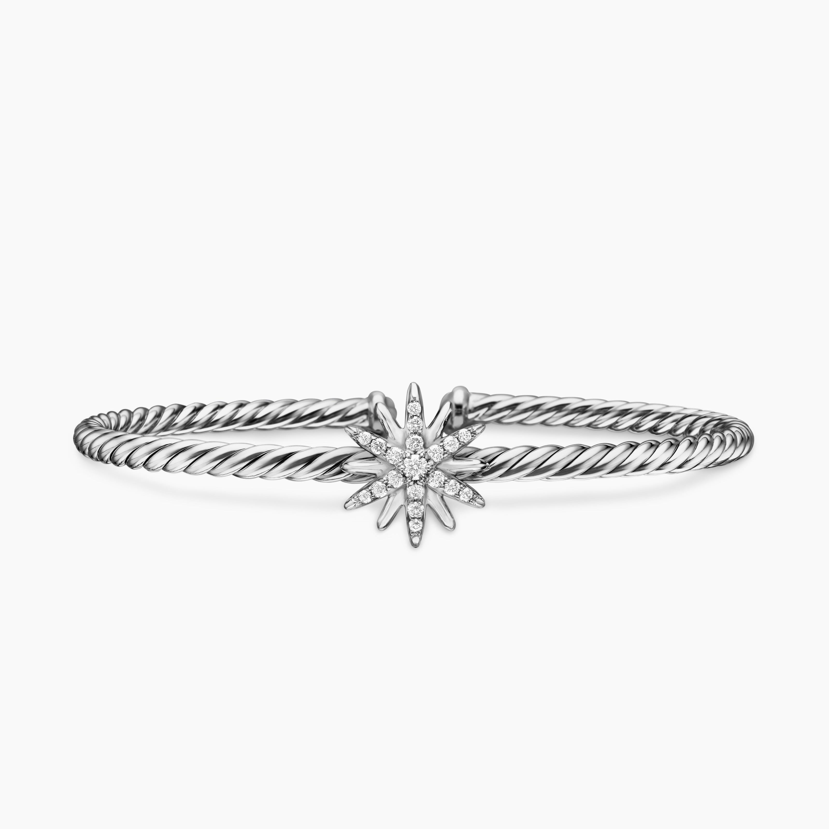 Womens Starburst Center Station Bracelet in Sterling Silver with Diamonds, 3mm