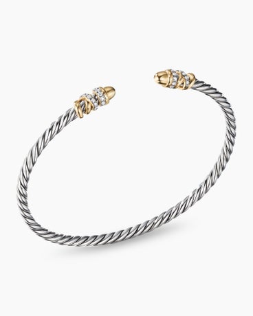 Petite Helena Classic Cable Bracelet in Sterling Silver with 18K Yellow Gold, Gold Domes and Diamonds, 3mm
