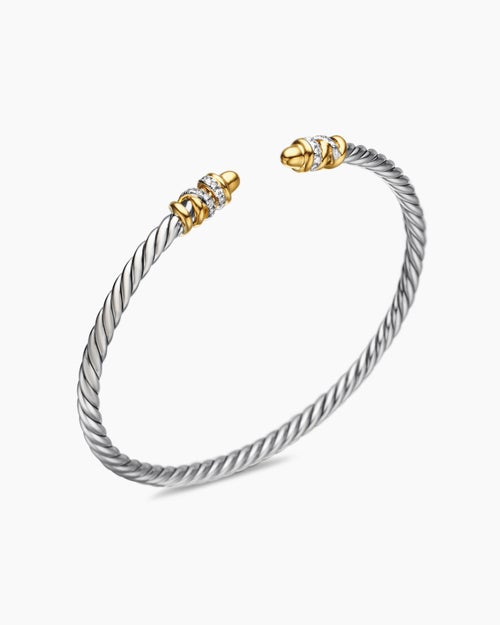 Womens Petite Helena Classic Cable Bracelet in Sterling Silver with 18K Yellow Gold, Gold Domes and Diamonds, 3mm