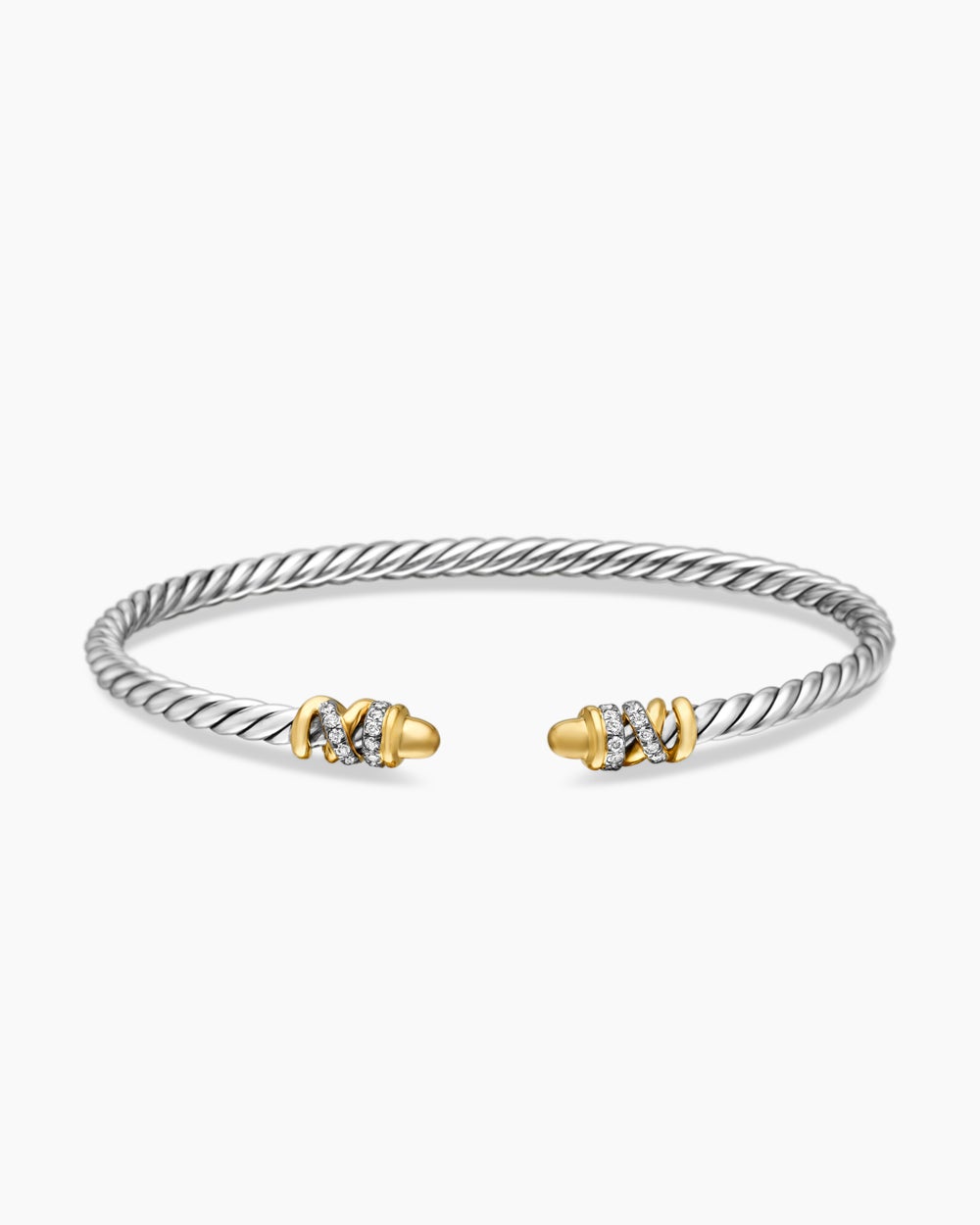 Womens Petite Helena Classic Cable Bracelet in Sterling Silver with 18K Yellow Gold and Diamonds, 3mm