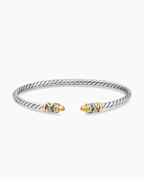 Womens Petite Helena Classic Cable Bracelet in Sterling Silver with 18K Yellow Gold and Diamonds, 3mm