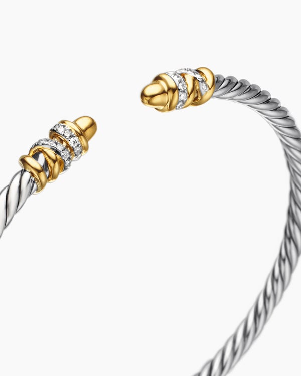 Petite Helena Classic Cable Bracelet in Sterling Silver with 18K Yellow Gold and Diamonds, 3mm