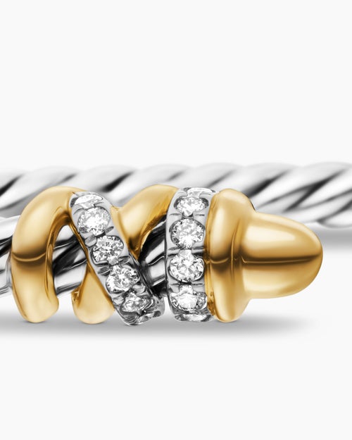 Womens Petite Helena Classic Cable Bracelet in Sterling Silver with 18K Yellow Gold, Gold Domes and Diamonds, 3mm