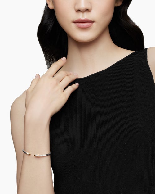 Womens Petite Helena Classic Cable Bracelet in Sterling Silver with 18K Yellow Gold, Gold Domes and Diamonds, 3mm