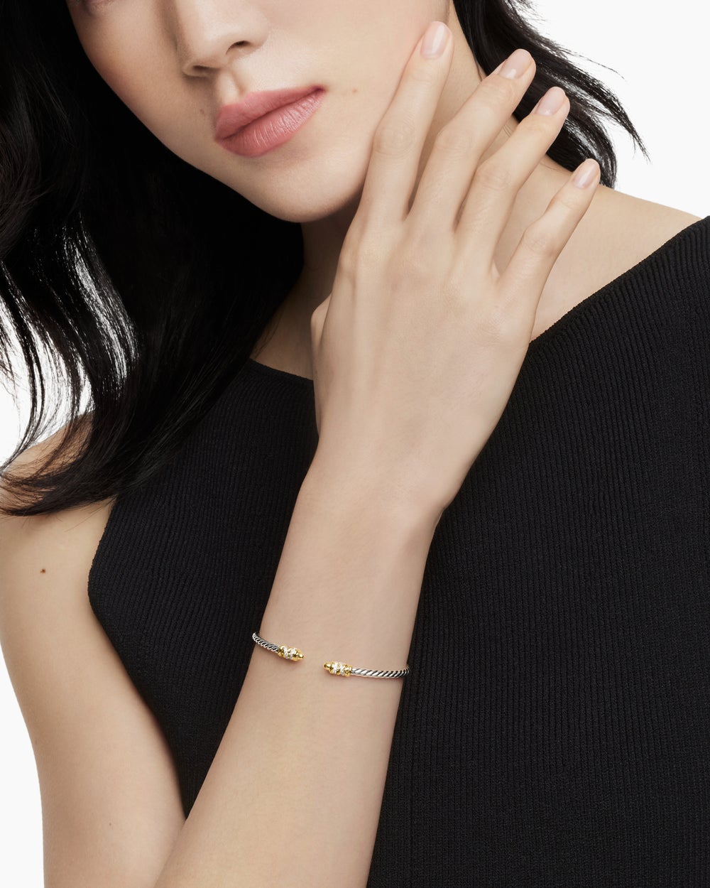 Womens Petite Helena Classic Cable Bracelet in Sterling Silver with 18K Yellow Gold and Diamonds, 3mm
