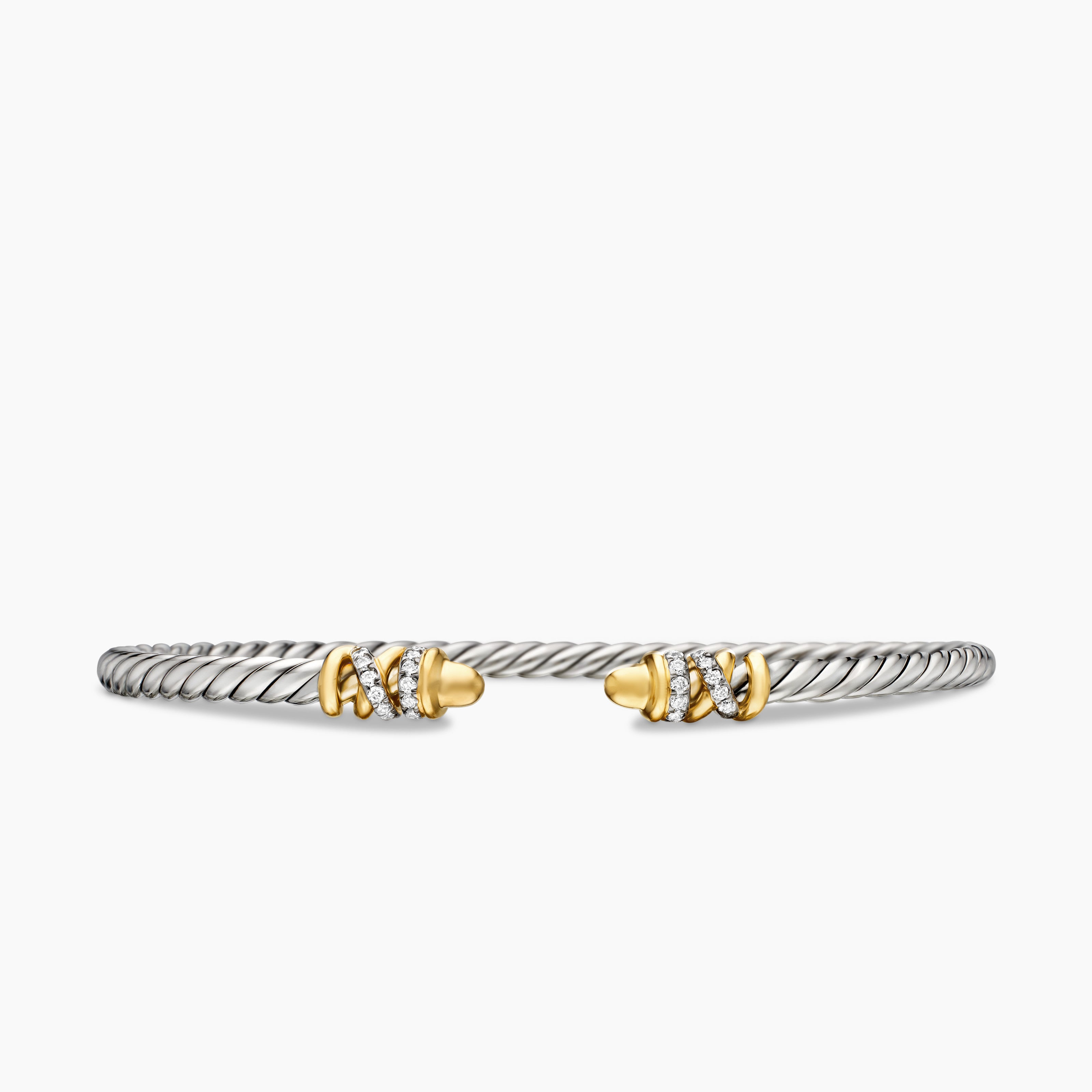 Womens Petite Helena Classic Cable Bracelet in Sterling Silver with 18K Yellow Gold and Diamonds, 3mm