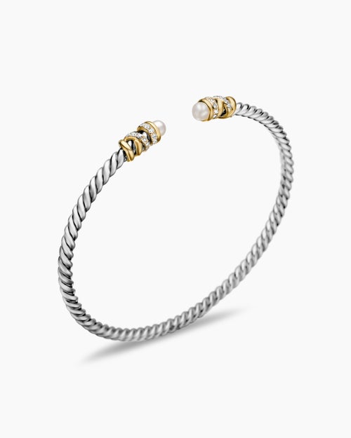 Womens Petite Helena Classic Cable Bracelet in Sterling Silver with 18ct Yellow Gold, Pearls and Diamonds, 3mm