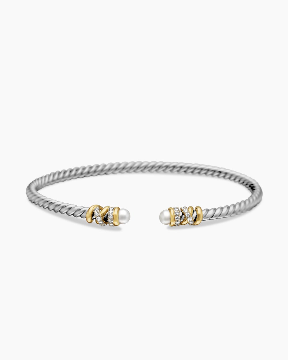 Womens Petite Helena Classic Cable Bracelet in Sterling Silver with 18K Yellow Gold and Diamonds, 3mm