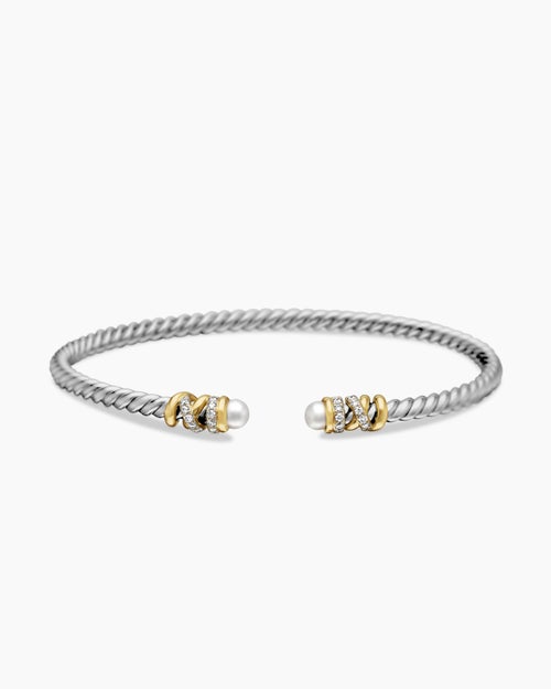 Womens Petite Helena Classic Cable Bracelet in Sterling Silver with 18K Yellow Gold, Pearls and Diamonds, 3mm