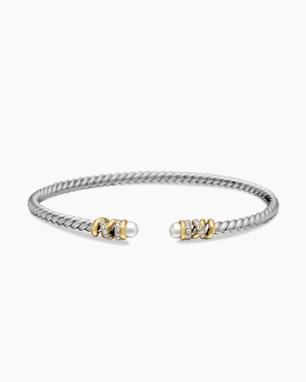 Petite Helena Classic Cable Bracelet in Sterling Silver with 18K Yellow Gold, Pearls and Diamonds, 3mm