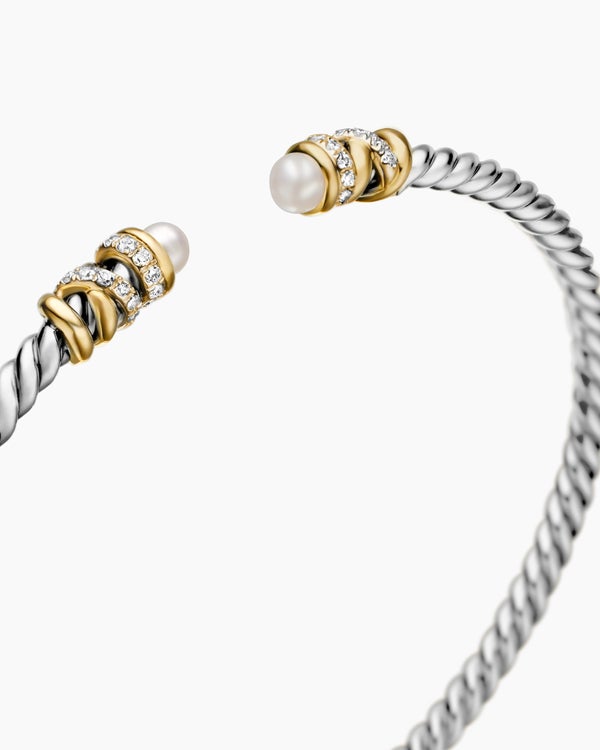 Petite Helena Classic Cable Bracelet in Sterling Silver with 18K Yellow Gold, Pearls and Diamonds, 3mm