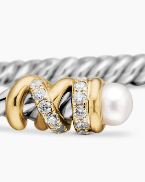 Womens Petite Helena Classic Cable Bracelet in Sterling Silver with 18ct Yellow Gold, Pearls and Diamonds, 3mm