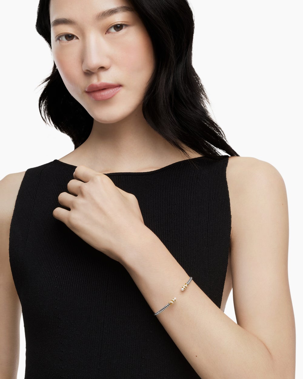 Womens Petite Helena Classic Cable Bracelet in Sterling Silver with 18K Yellow Gold and Diamonds, 3mm