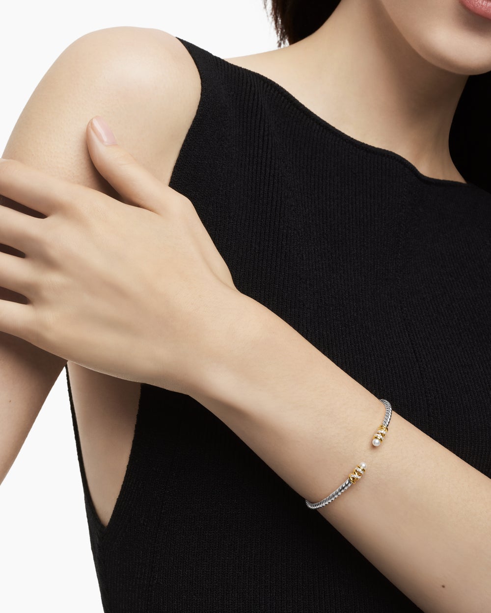 Womens Petite Helena Classic Cable Bracelet in Sterling Silver with 18K Yellow Gold and Diamonds, 3mm