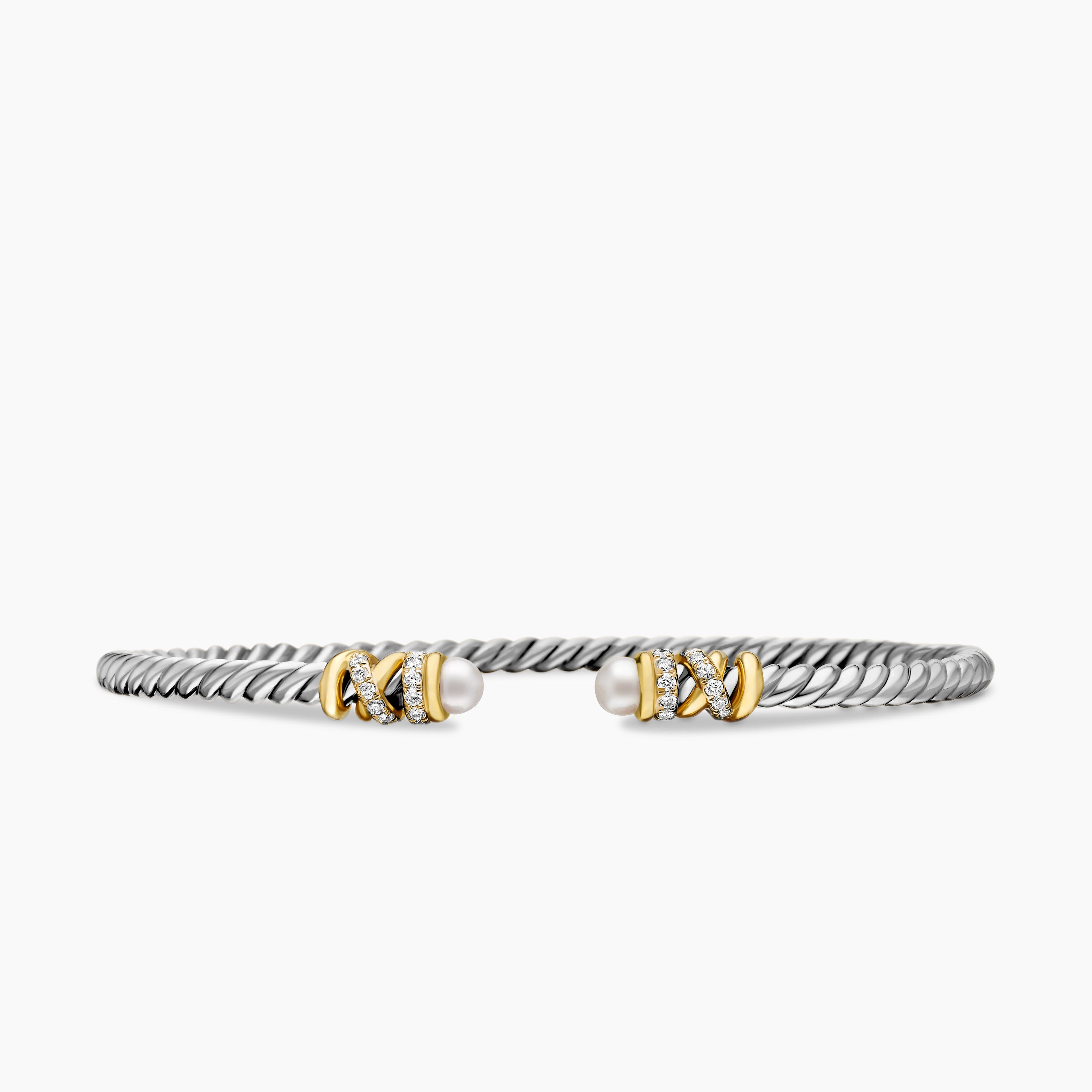 Womens Petite Helena Classic Cable Bracelet in Sterling Silver with 18K Yellow Gold and Diamonds, 3mm