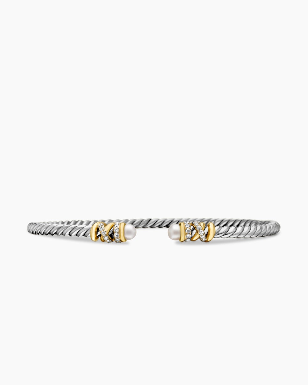 Womens Petite Helena Classic Cable Bracelet in Sterling Silver with 18K Yellow Gold and Diamonds, 3mm