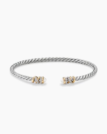 Bracelet « Cable » classique Helena de petite taille en argent massif avec or jaune 18 carats, perles et diamants, 3 mm