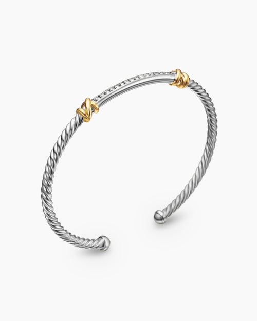 Womens Petite Helena Classic Cable Station Bracelet in Sterling Silver with 18K Yellow Gold with Diamonds, 3mm