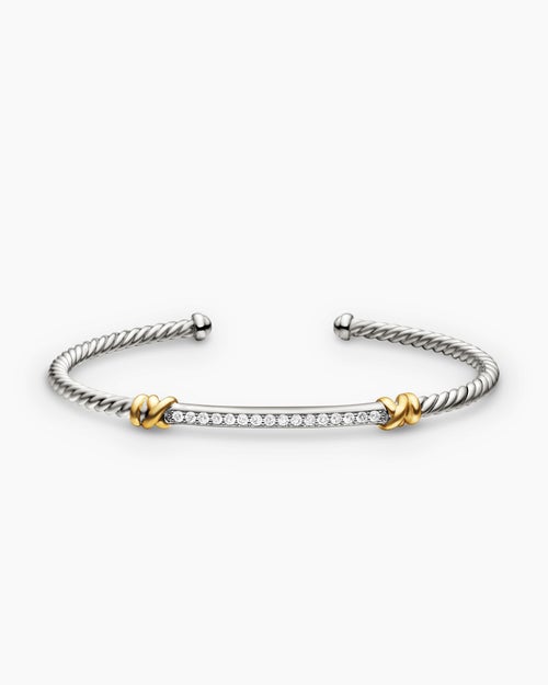 Womens Petite Helena Classic Cable Station Bracelet in Sterling Silver with 18K Yellow Gold and Diamonds, 3mm