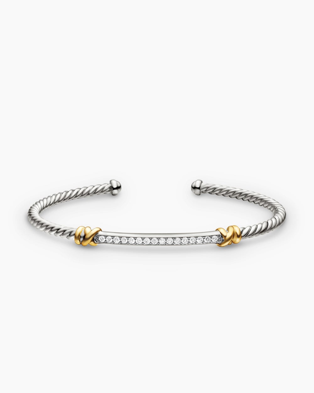Womens Petite Helena Classic Cable Station Bracelet in Sterling Silver with 18K Yellow Gold and Diamonds, 3mm