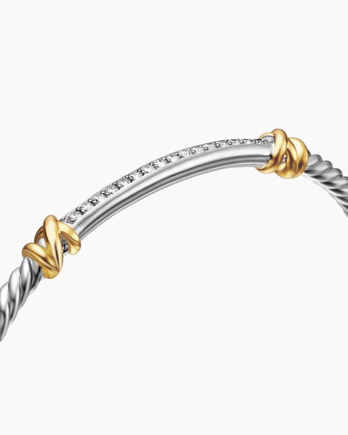 Womens Petite Helena Classic Cable Station Bracelet in Sterling Silver with 18K Yellow Gold with Diamonds, 3mm