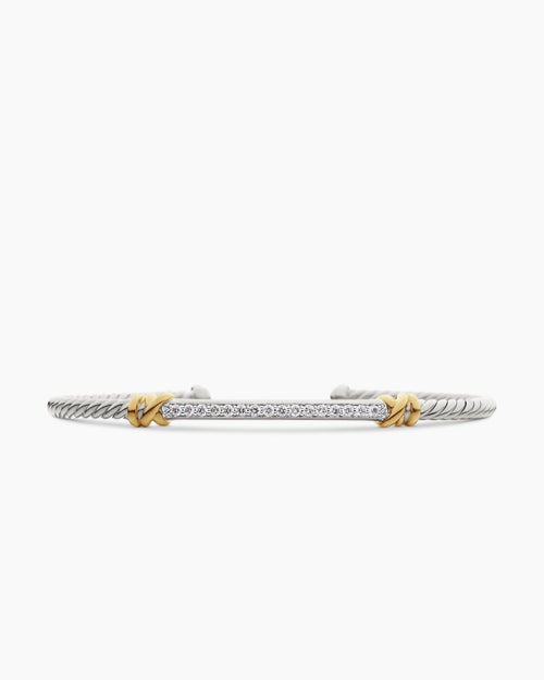 Womens Petite Helena Classic Cable Station Bracelet in Sterling Silver with 18K Yellow Gold and Diamonds, 3mm