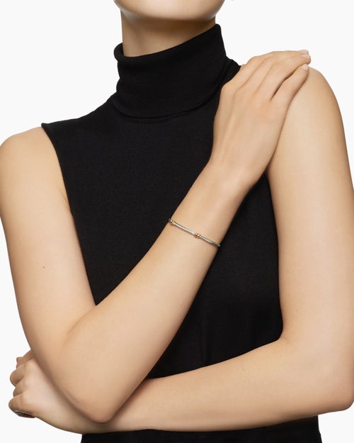 Womens Petite Helena Classic Cable Station Bracelet in Sterling Silver with 18K Yellow Gold and Diamonds, 3mm