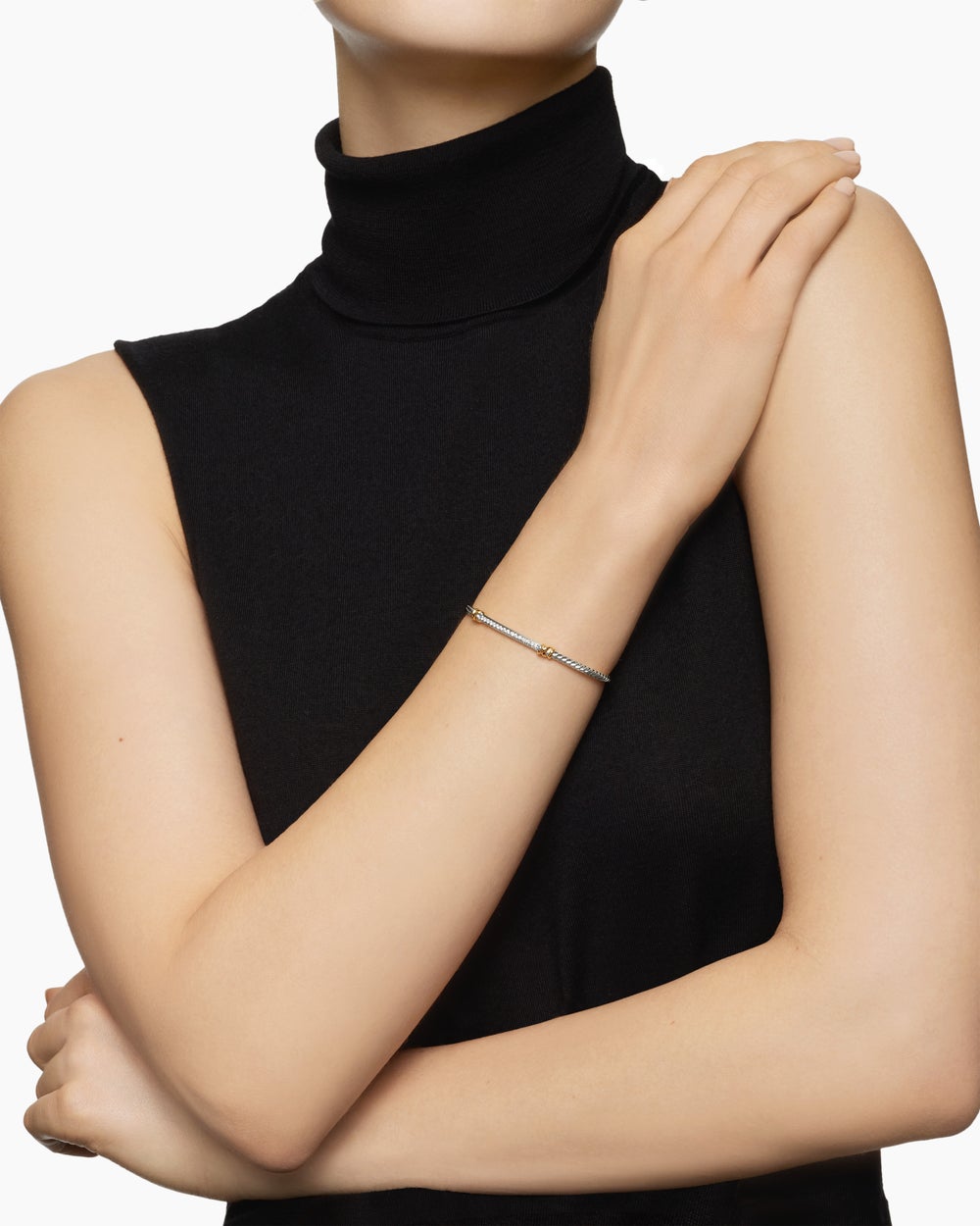 Womens Petite Helena Classic Cable Station Bracelet in Sterling Silver with 18K Yellow Gold and Diamonds, 3mm