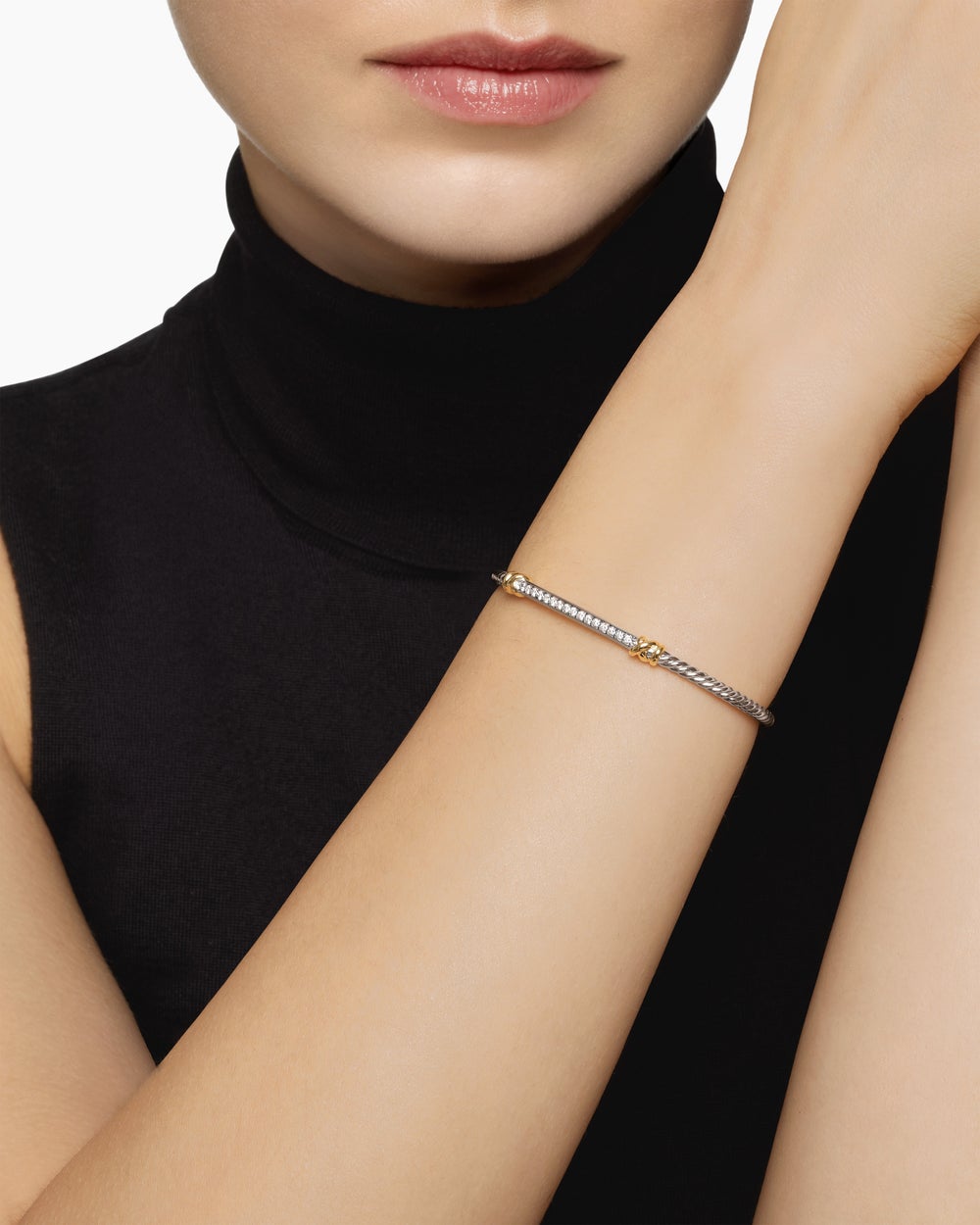 Womens Petite Helena Classic Cable Station Bracelet in Sterling Silver with 18K Yellow Gold and Diamonds, 3mm