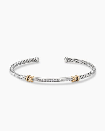 Petite Helena Classic Cable Station Bracelet in Sterling Silver with 18K Yellow Gold with Diamonds, 3mm