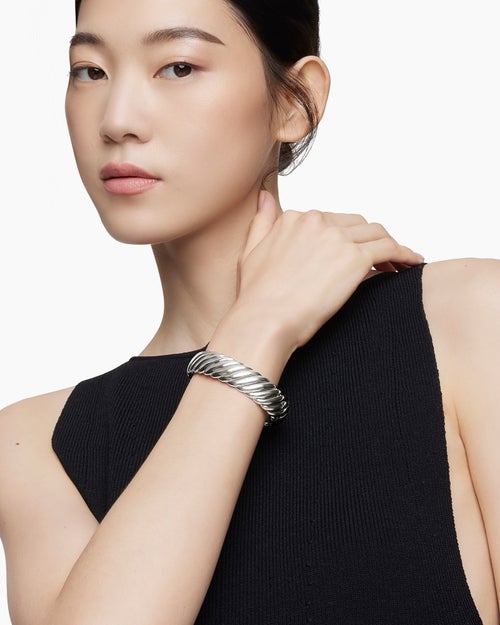 Womens Sculpted Cable Bracelet in Sterling Silver, 17mm