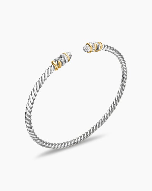 Womens Petite Helena Classic Cable Bracelet in Sterling Silver with 18K Yellow Gold and Diamonds, 3mm