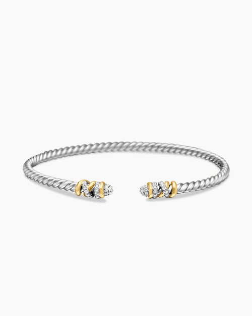 Womens Petite Helena Classic Cable Bracelet in Sterling Silver with 18K Yellow Gold and Diamonds, 3mm