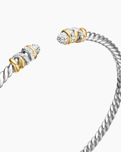 Womens Petite Helena Classic Cable Bracelet in Sterling Silver with 18K Yellow Gold and Diamonds, 3mm
