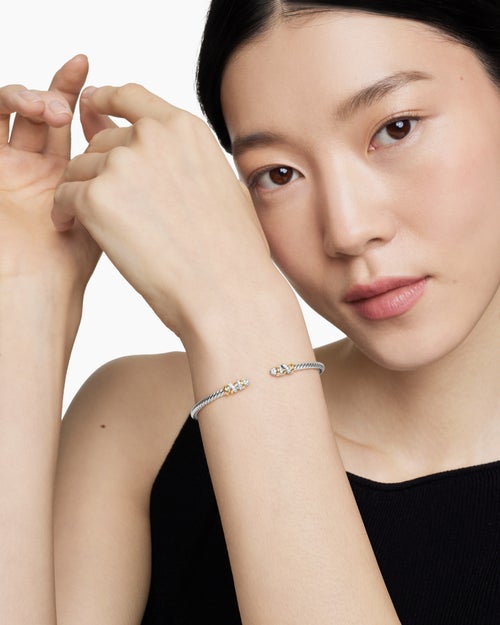 Womens Petite Helena Classic Cable Bracelet in Sterling Silver with 18K Yellow Gold and Diamonds, 3mm