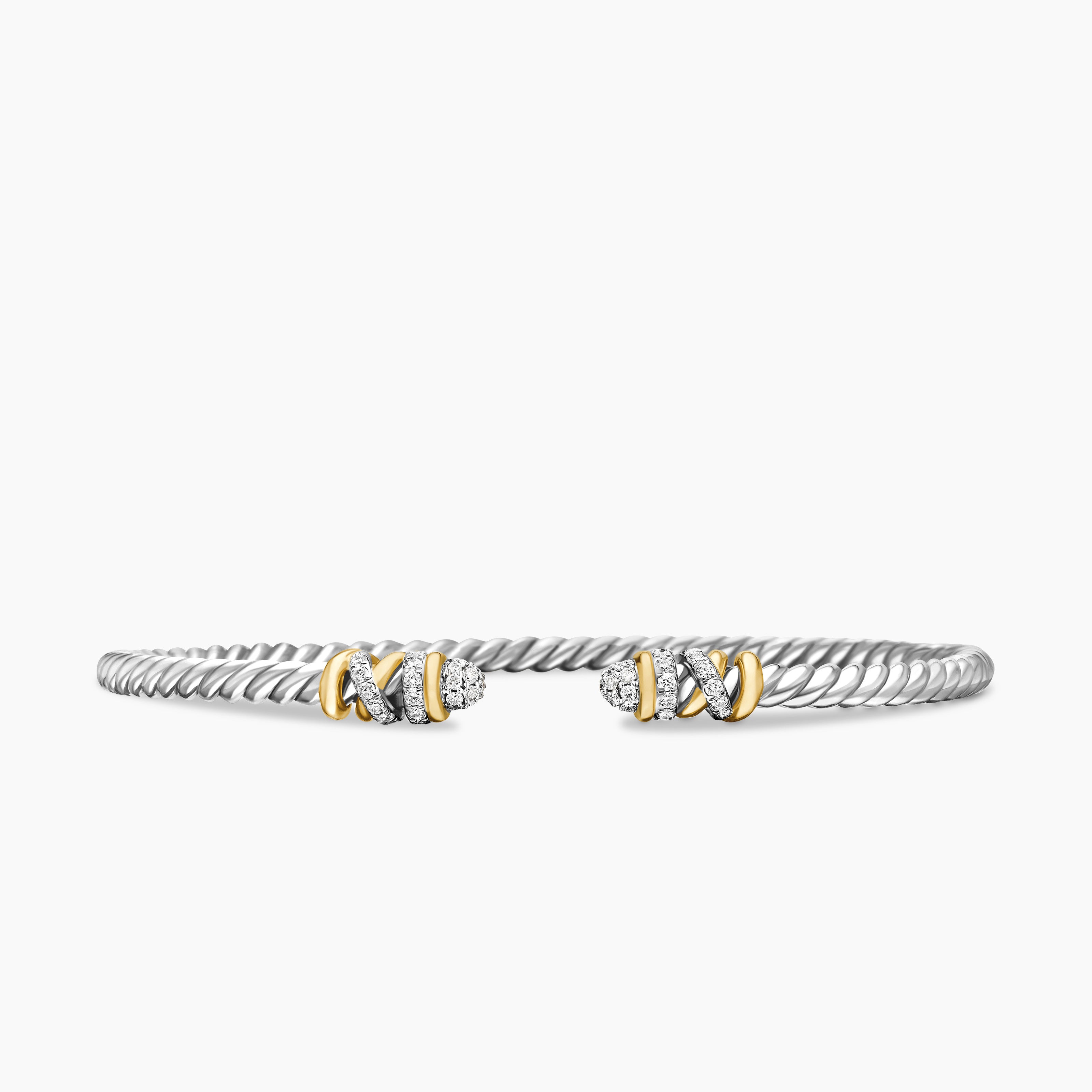 Womens Petite Helena Classic Cable Bracelet in Sterling Silver with 18K Yellow Gold and Diamonds, 3mm