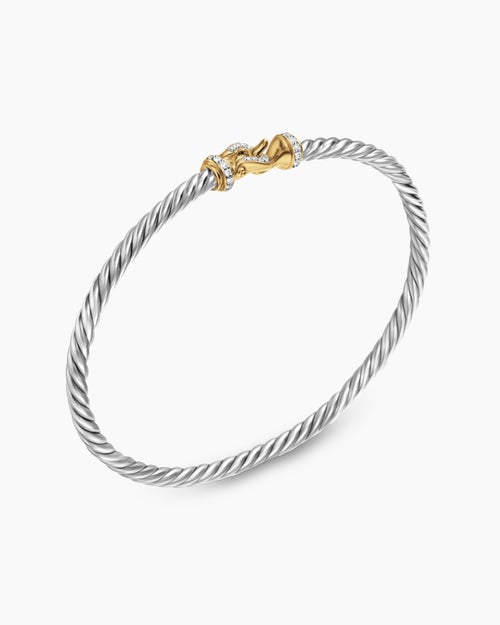 Womens Buckle Classic Cable Bracelet in Sterling Silver with 18K Yellow Gold and Diamonds, 3mm