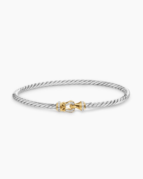 Womens Buckle Classic Cable Bracelet in Sterling Silver with 18K Yellow Gold and Diamonds, 3mm