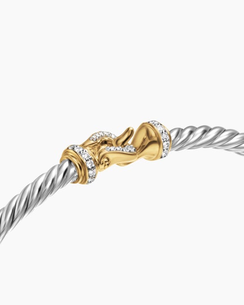 Womens Buckle Classic Cable Bracelet in Sterling Silver with 18K Yellow Gold and Diamonds, 3mm