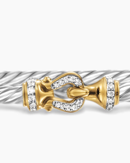 Womens Buckle Classic Cable Bracelet in Sterling Silver with 18K Yellow Gold and Diamonds, 3mm
