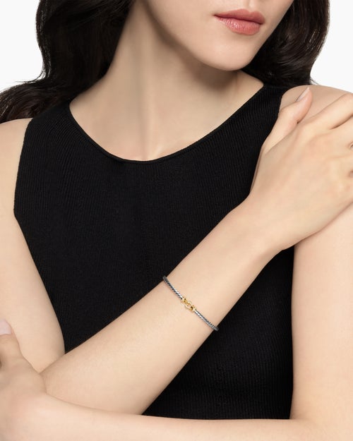 Womens Buckle Classic Cable Bracelet in Sterling Silver with 18K Yellow Gold and Diamonds, 3mm