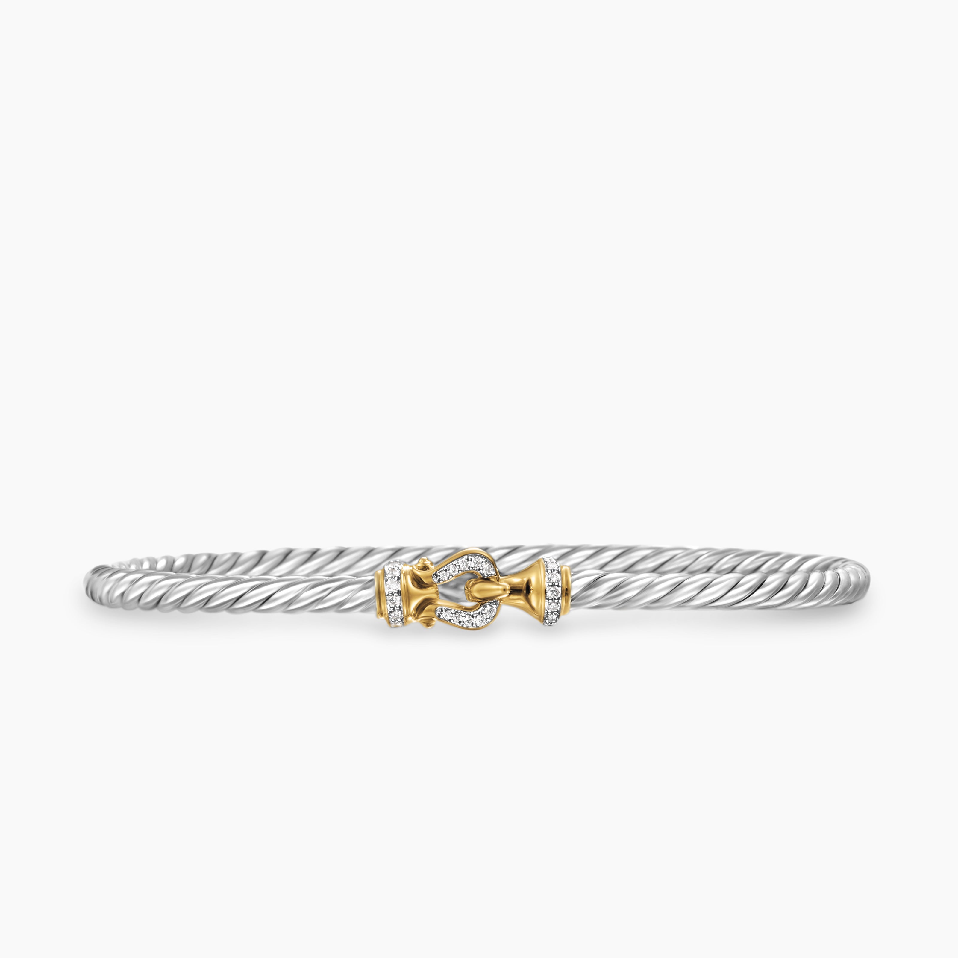 Womens Buckle Classic Cable Bracelet in Sterling Silver with 18K Yellow Gold and Diamonds, 3mm