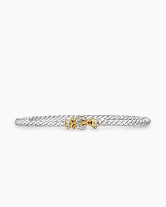 Buckle Classic Cable Bracelet in Sterling Silver with 18K Yellow Gold and Diamonds, 3mm