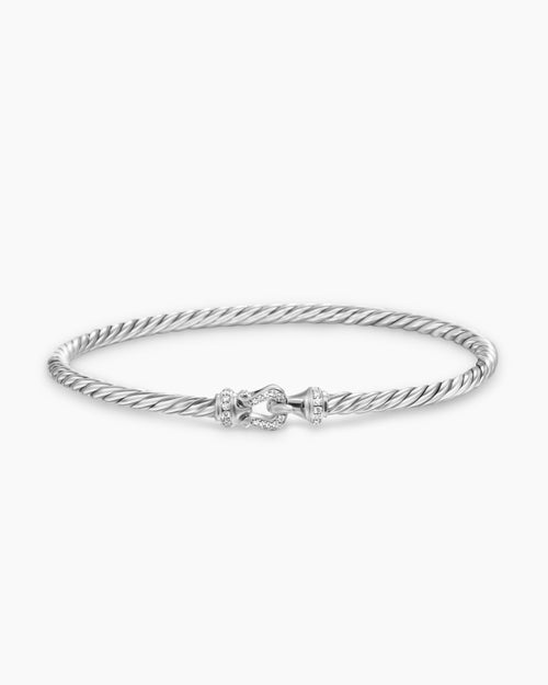 Womens Buckle Classic Cable Bracelet in Sterling Silver with Diamonds, 3mm