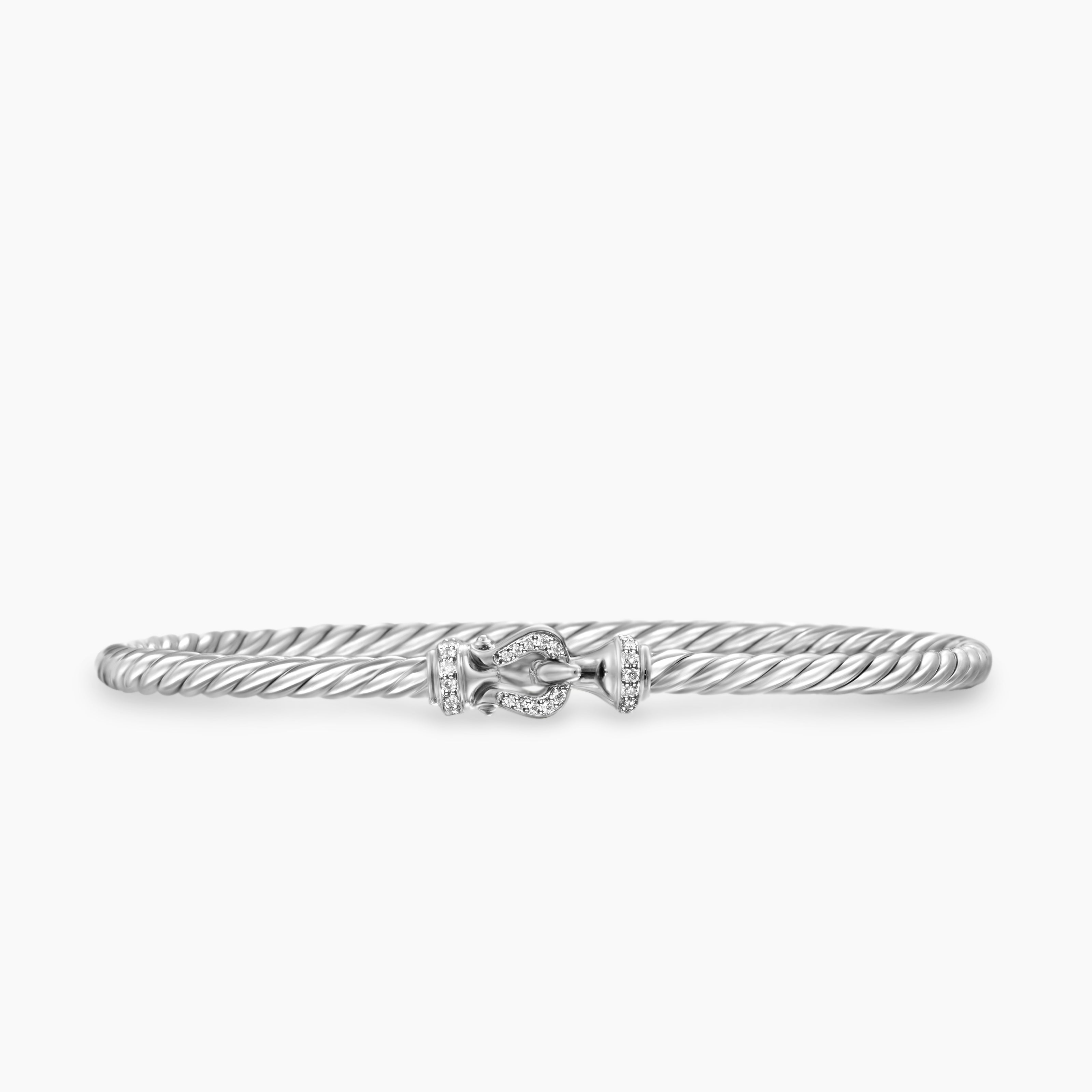 Womens Buckle Classic Cable Bracelet in Sterling Silver with Diamonds, 3mm
