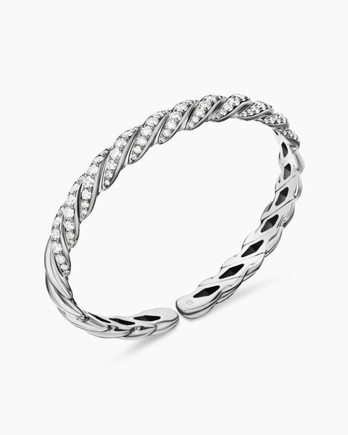 Womens Sculpted Cable Flex Bracelet in 18K White Gold with Diamonds, 7.8mm