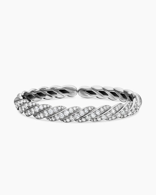 Womens Sculpted Cable Flex Bracelet in 18K White Gold with Diamonds, 7.8mm