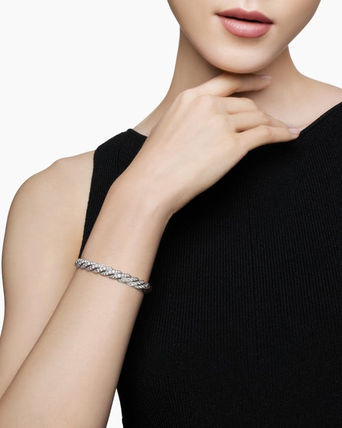 Womens Sculpted Cable Flex Bracelet in 18K White Gold with Diamonds, 7.8mm